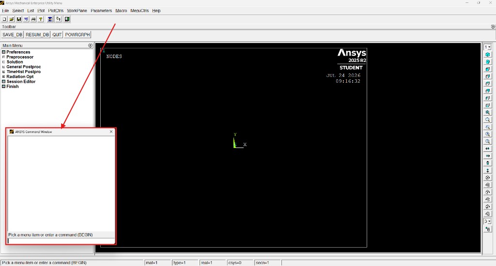 Command Window de MAPDL desacoplada sobre el viewport
