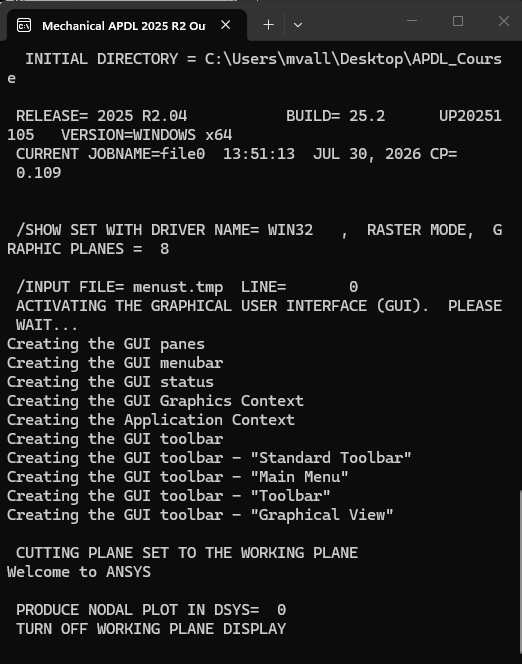 Output Window of MAPDL when logged in, with boot messages and Welcome to ANSYS