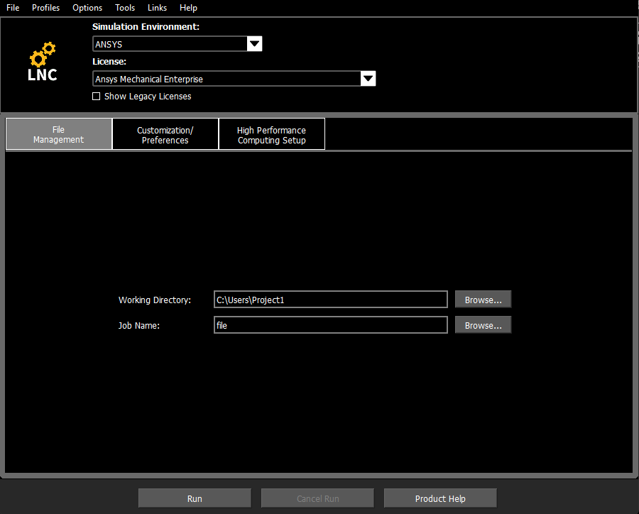 Product Launcher with Working Directory, Job Name and Run button