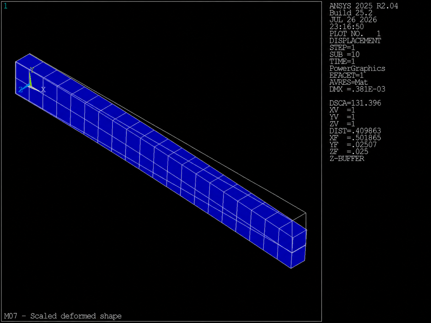 Scaled deformed shape PLDISP factor 2 on cantilever beam