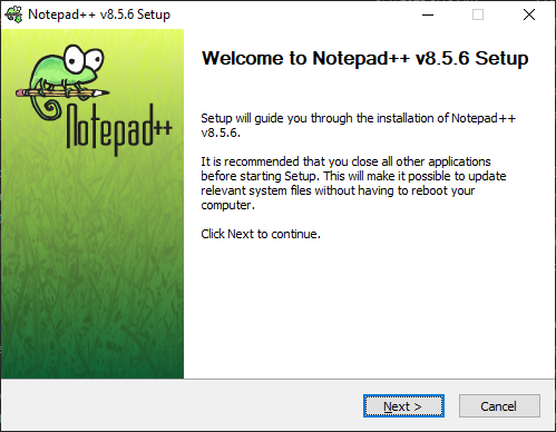 Pantalla de bienvenida del asistente de Notepad++
