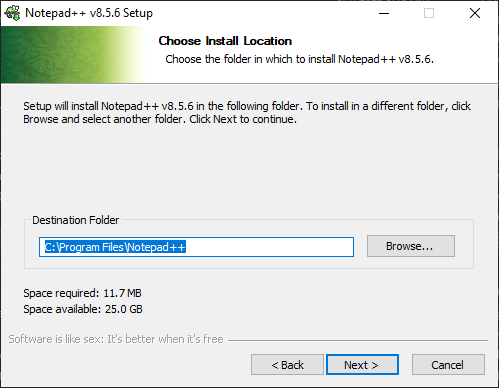 Pantalla de carpeta de destino de Notepad++