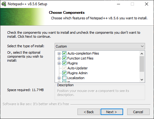 Selección de componentes de Notepad++ con los valores predeterminados