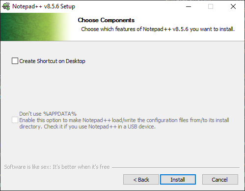 Pantallas de opciones y finalización de la instalación de Notepad++